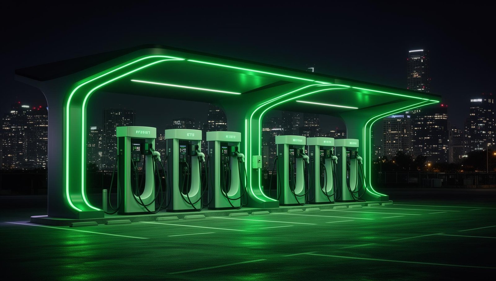 EV charging hub at night